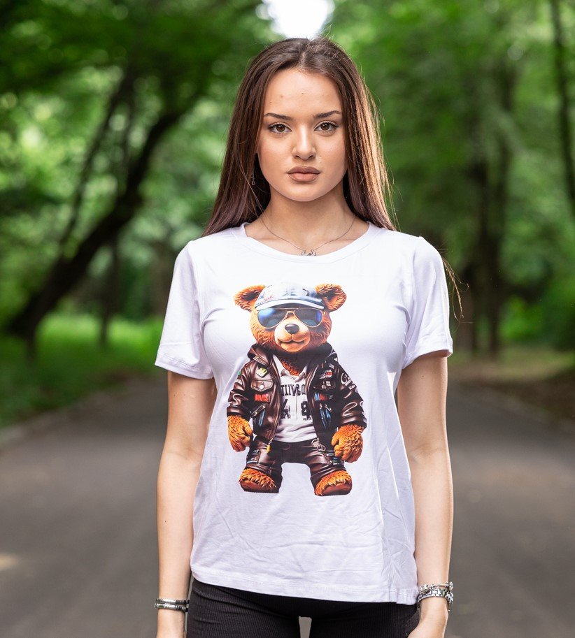 Тениска с апликация на мече в бяло