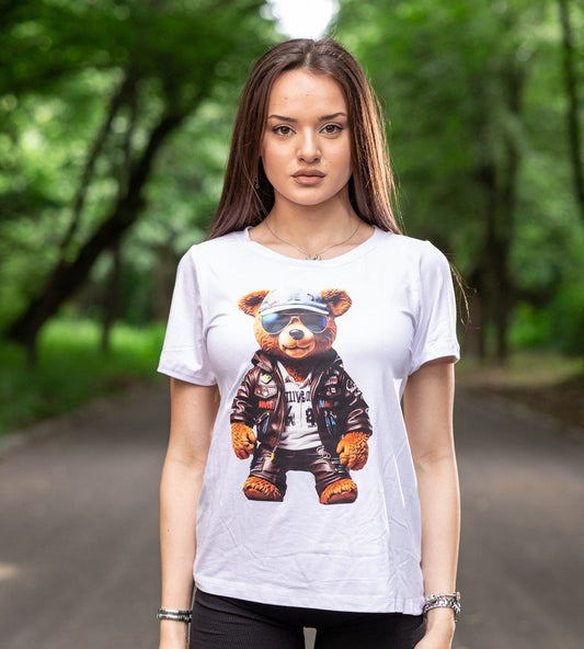 Тениска с апликация на мече в бяло