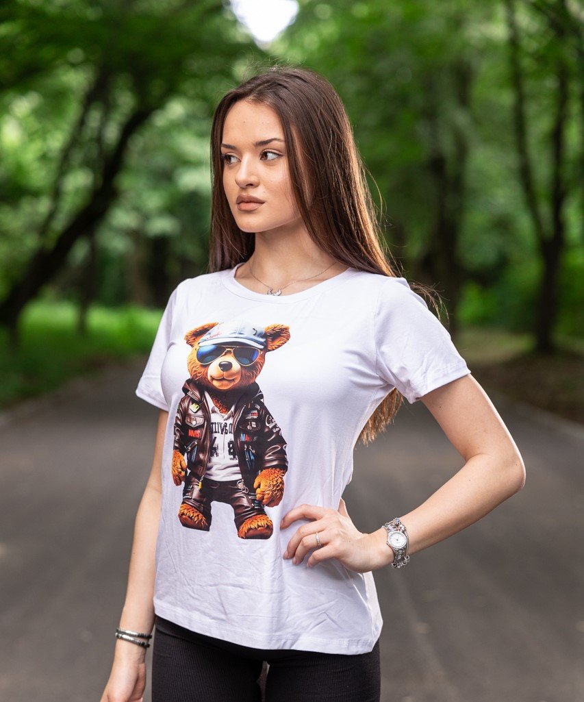 Тениска с апликация на мече в бяло