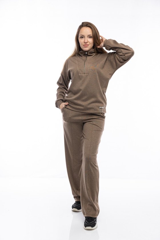 Дамски комплект широк крачол в цвят кафе