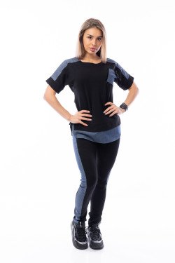 Спортно-елегантен комплект с дънков деним в черно