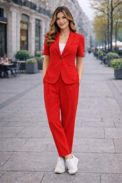 Дамски спортно-елегантен комплект в червено със сако и панталон
