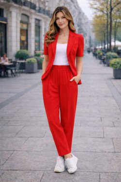 Дамски спортно-елегантен комплект в червено със сако и панталон