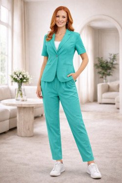 Дамски спортно-елегантен комплект от сако и панталон в цвят мента
