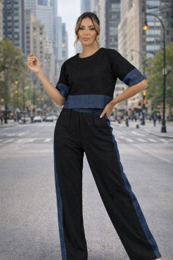 Дамски комплект с дънкови елементи в черно