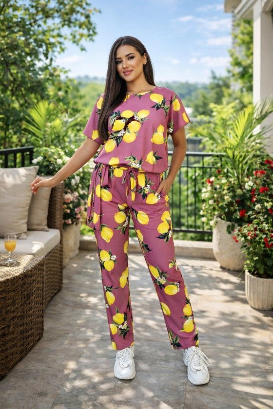 Стилен дамски гащеризон с принт на лимони в розово