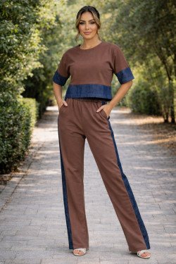 Дамски комплект с дънкови елементи в кафяво