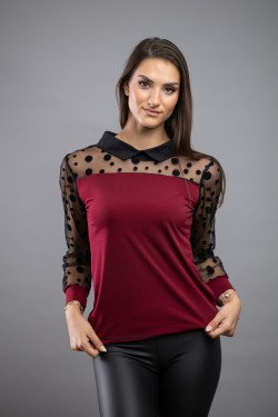 Елегантна дамска блуза с тюл на точки в бордо