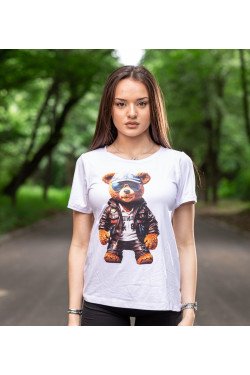 Тениска с апликация на мече в бяло