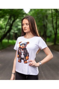 Тениска с апликация на мече в бяло