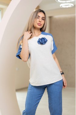 Летен комплект от памучен лен в син десен