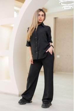 Стилен ленен комплект широк крачол в черно