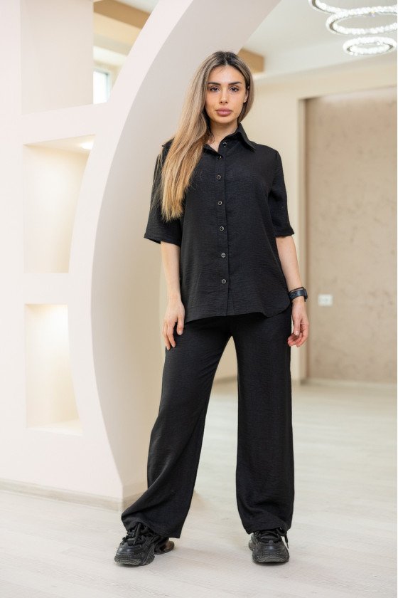 Стилен ленен комплект широк крачол в черно