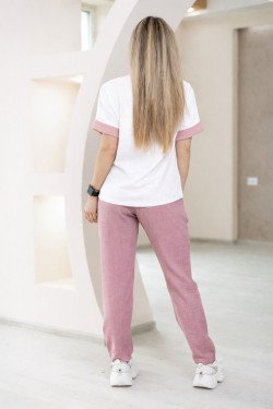 Дамски летен комплект от памучен лен в цвят пудра с бяла блуза