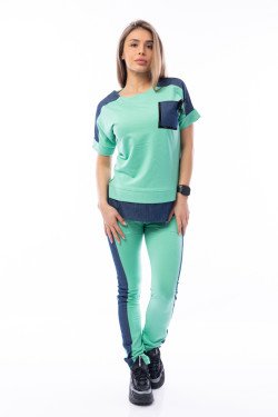 Спортно-елегантен комплект с дънков деним в цвят мента