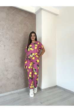 Стилен дамски гащеризон с принт на лимони в розово