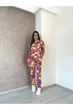 Стилен дамски гащеризон с принт на лимони в розово