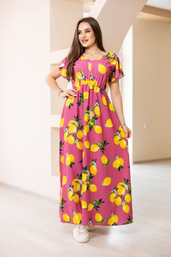 Прекрасна дълга рокля с лиимонов принт в циклама