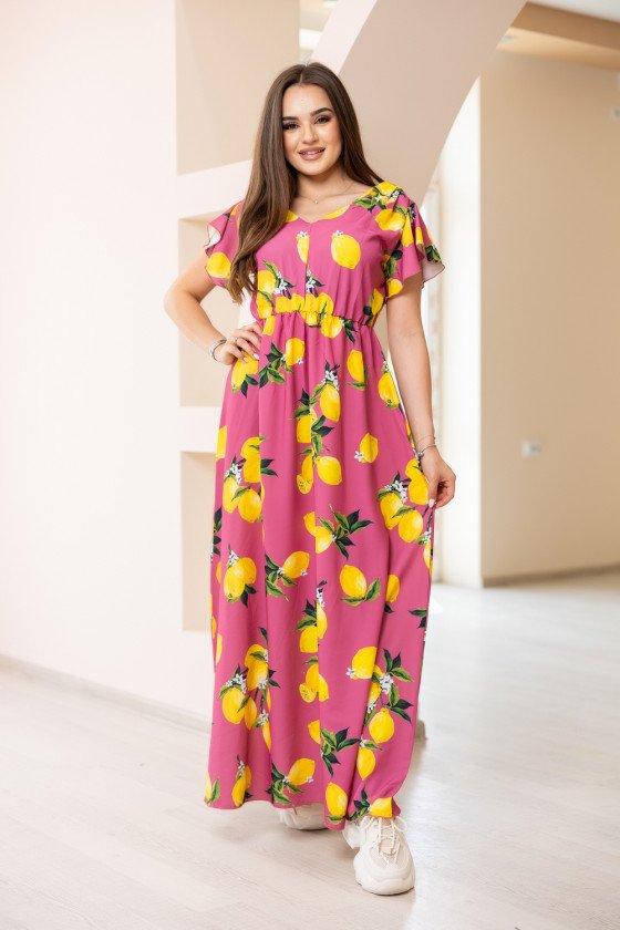 Прекрасна дълга рокля с лиимонов принт в циклама