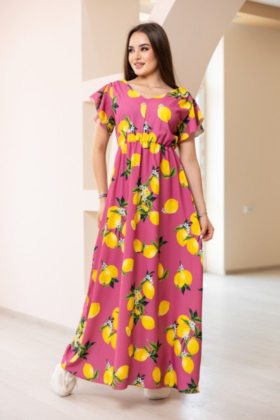 Прекрасна дълга рокля с лиимонов принт в циклама