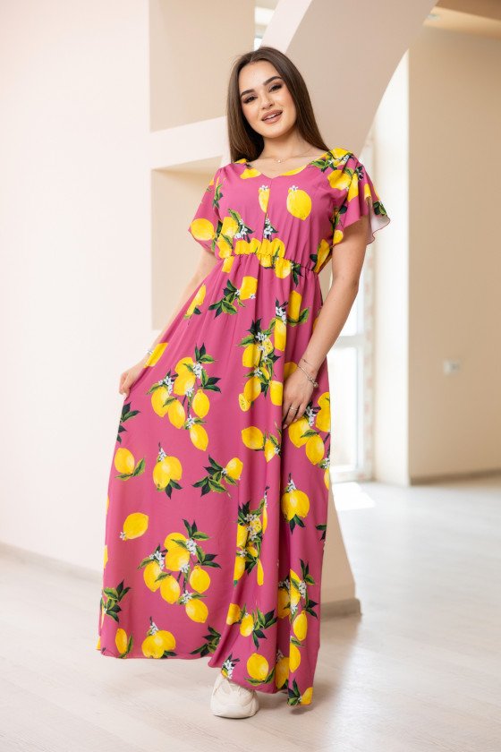 Прекрасна дълга рокля с лиимонов принт в циклама