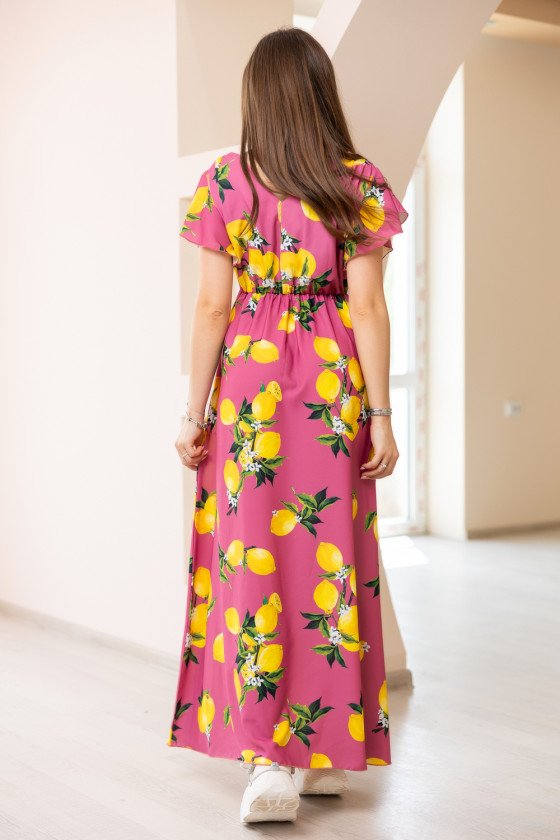 Прекрасна дълга рокля с лиимонов принт в циклама