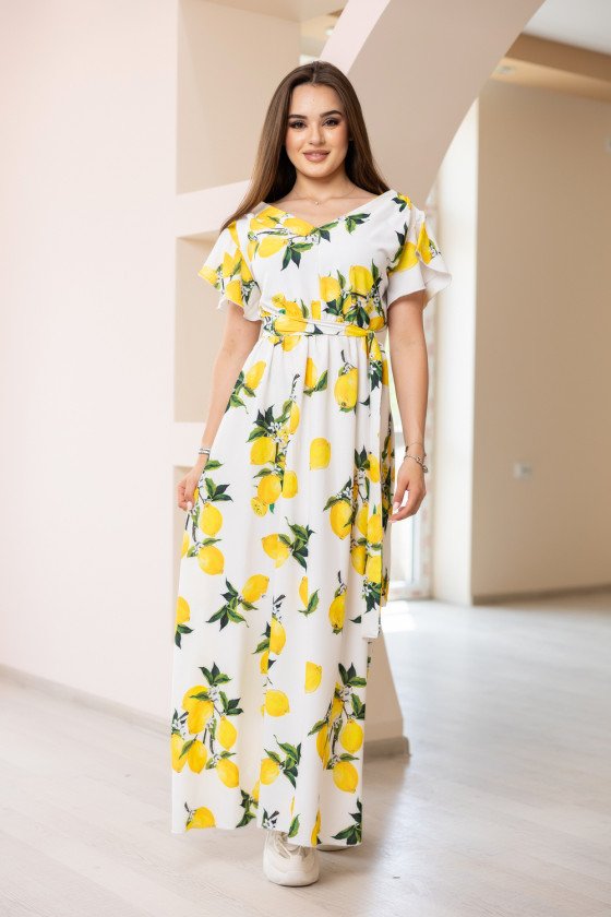 Дълга лятна рокля с лимонов принт в бяло