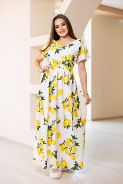 Дълга лятна рокля с лимонов принт в бяло