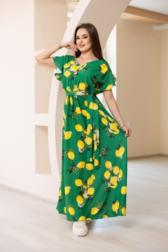 Лятна дълга рокля с лимонов принт в зелено