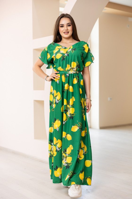 Лятна дълга рокля с лимонов принт в зелено