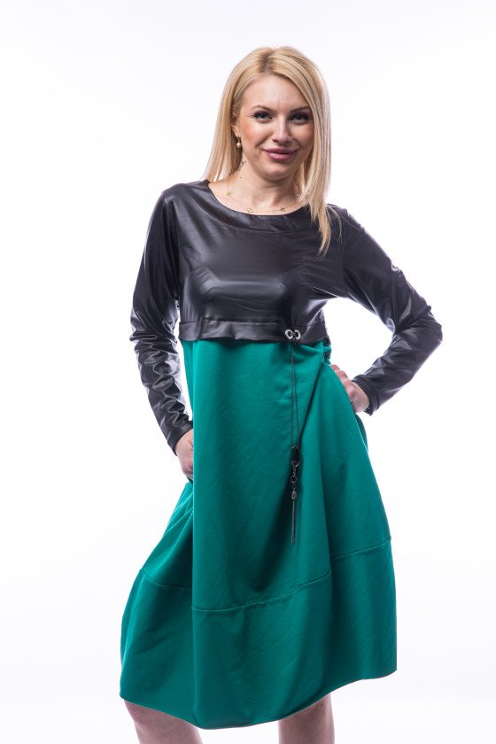 Рокля балон с кожа в зелено