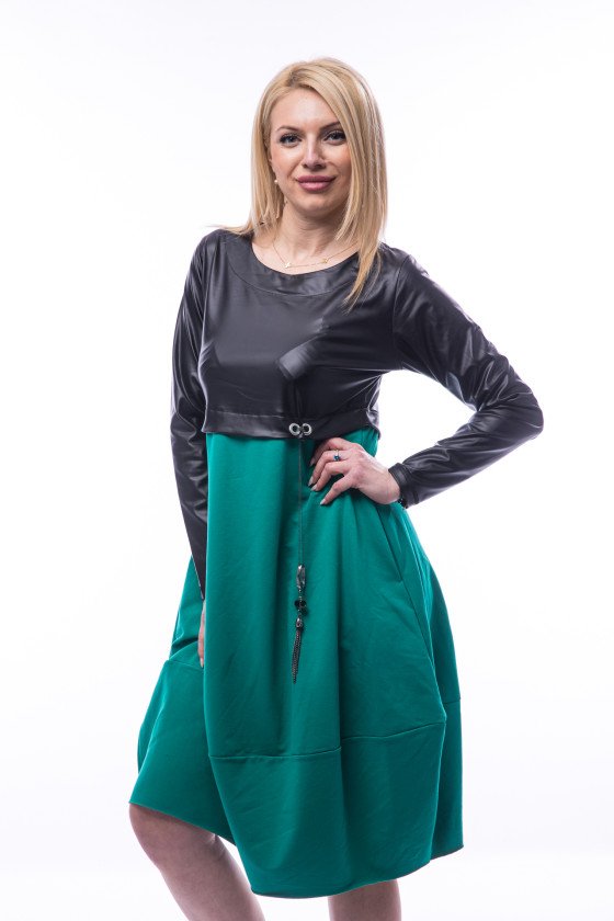 Рокля балон с кожа в зелено