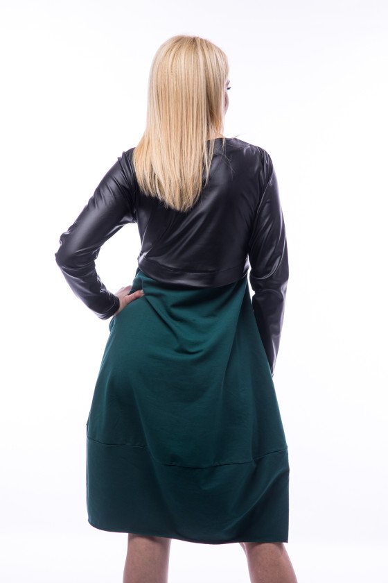 Рокля балон с кожа в маслено зелено