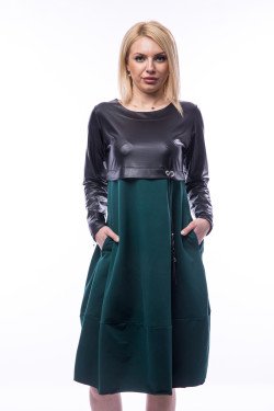 Рокля балон с кожа в маслено зелено